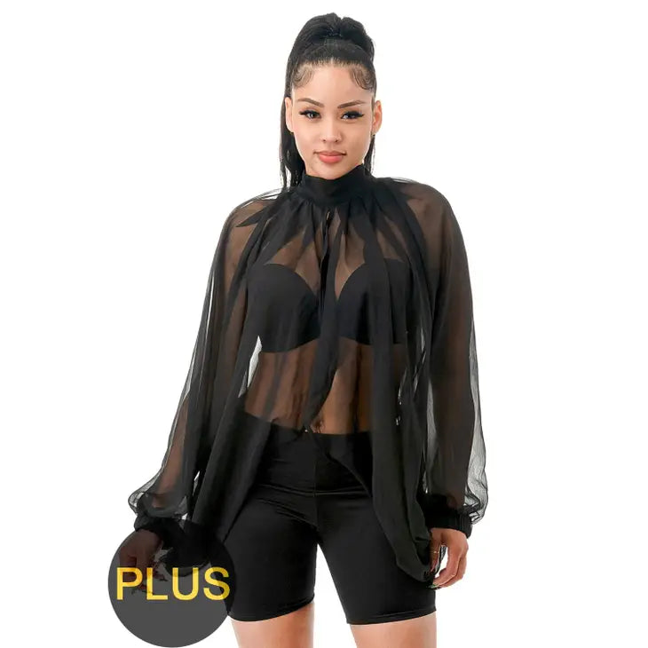 Plus Size Back Out Sheer Blouse